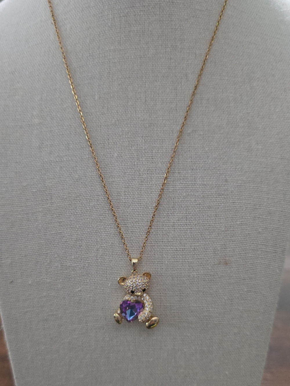 Gold Teddy Pendant Necklace with Purple Heart Crystal